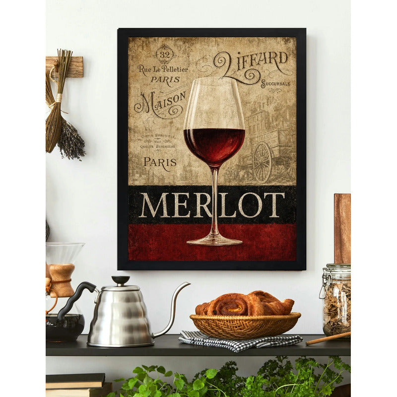 Cuadro Vino Merlot Paris Retro Arte Chef Cocina Decoracion Marco Negro