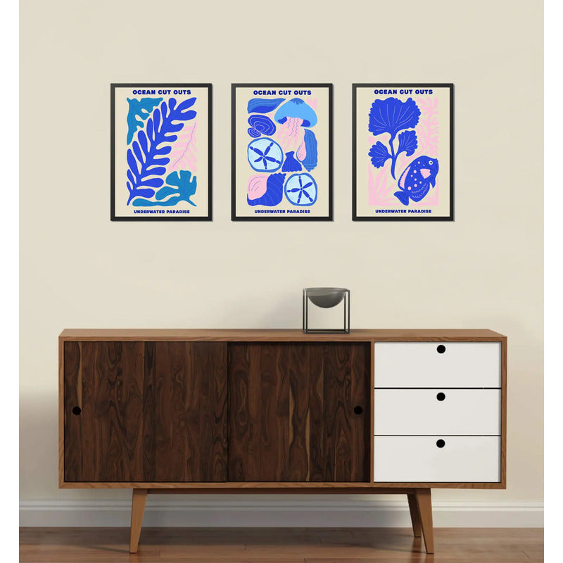 Set 3 Cuadros Decoración Playera Nautico Paraíso Subacuático Marco Negro