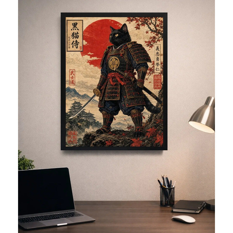 Cuadro Gato Samurai Ninja Guerrero Arte Japonés Anime Marco Negro
