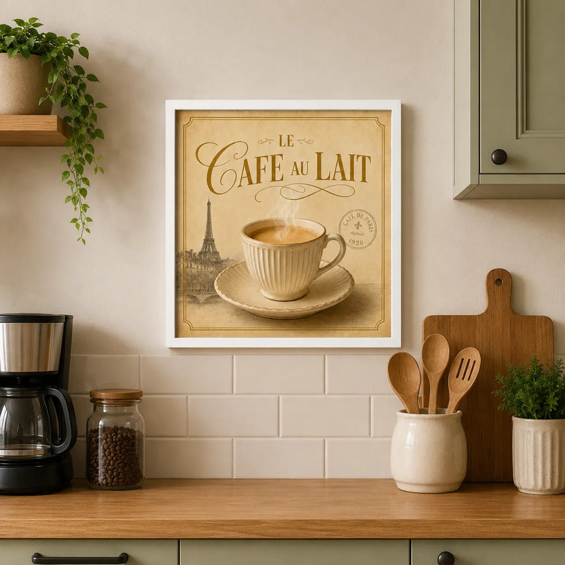Cuadro Living Comedor Cocina Café Paris Au Lait 33x33cm Marco Blanco