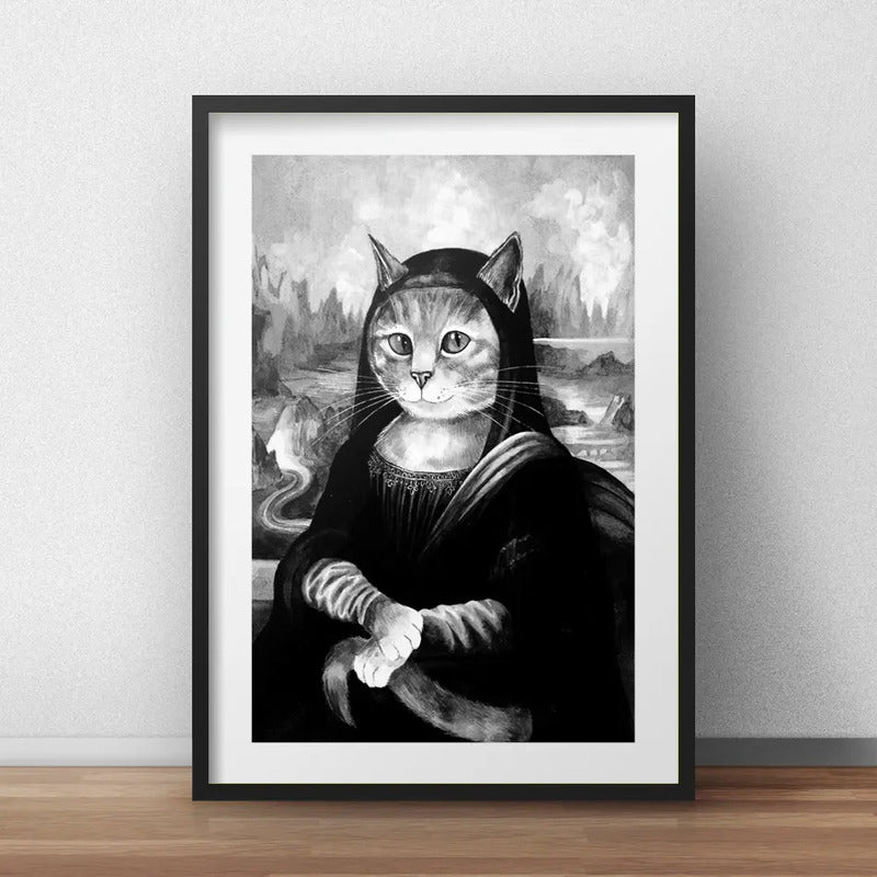 Cuadro Gato Monalisa Blanco Y Negro Decoracion Con Paspartú Marco Negro