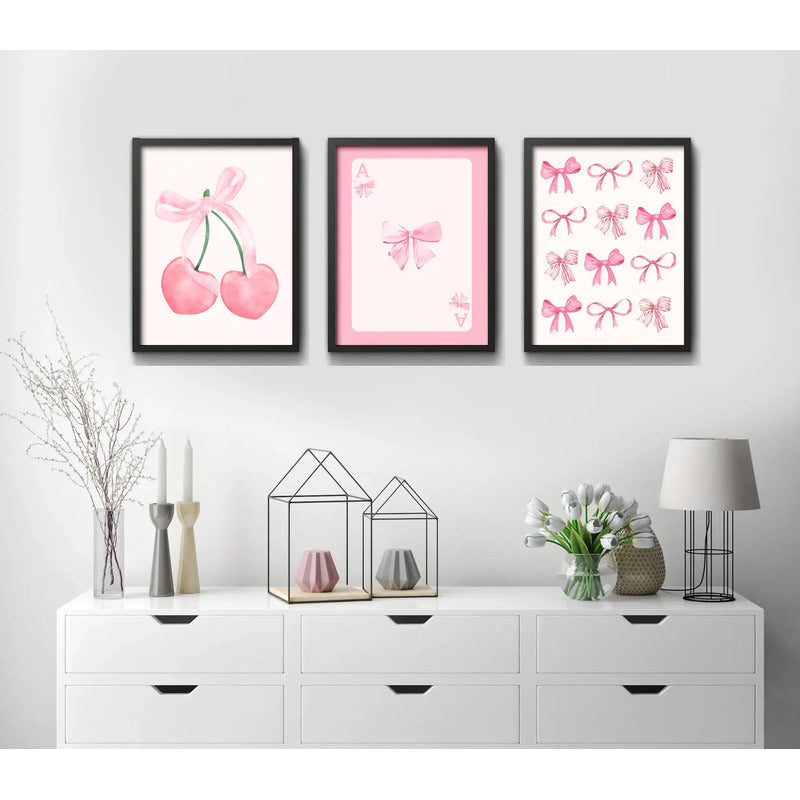 Set 3 Cuadros Rosa Pink Tendencia Lazos Fashion Coquette Marco Negro