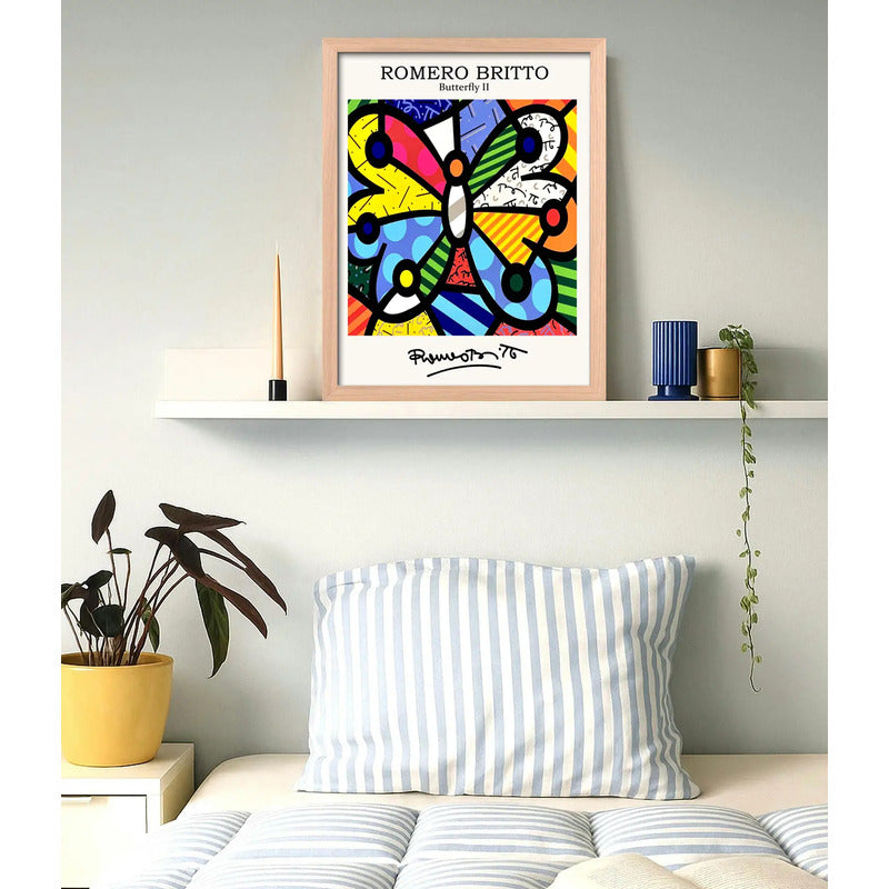 Cuadro Romero Britto Pop Art La Mariposa Butterfly Marco Oak Marco Marrón Claro