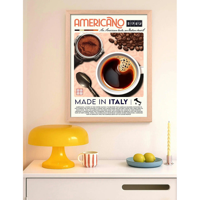 Cuadro Cafe Americano 1942 Italia Cocina Vintage Marco Oak Marco Marrón Claro