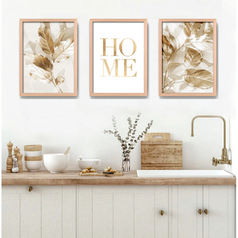 Set 3 Cuadros Hojas Doradas Home Botanica Tonos Suaves Marco Madera Natural Oak