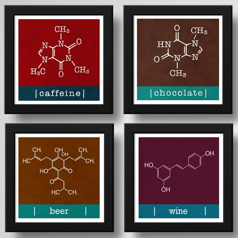Set 4 Cuadros Formula Quimica Café Vino Chocolate Cerveza