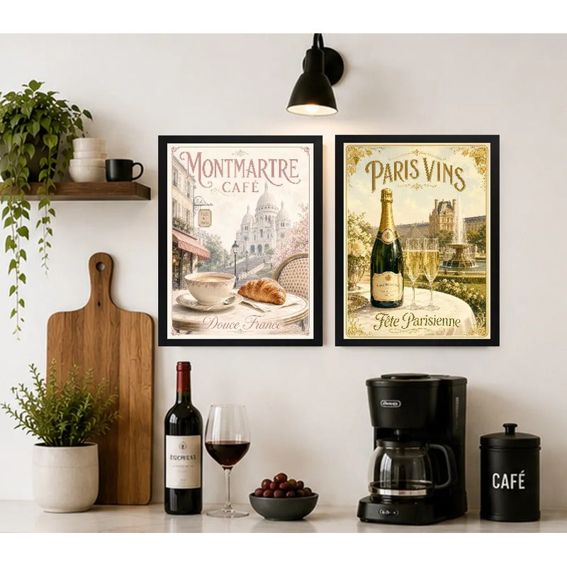 Set 2 Cuadros Café Champán Paris Retro Decora Cocina Living Marco Negro