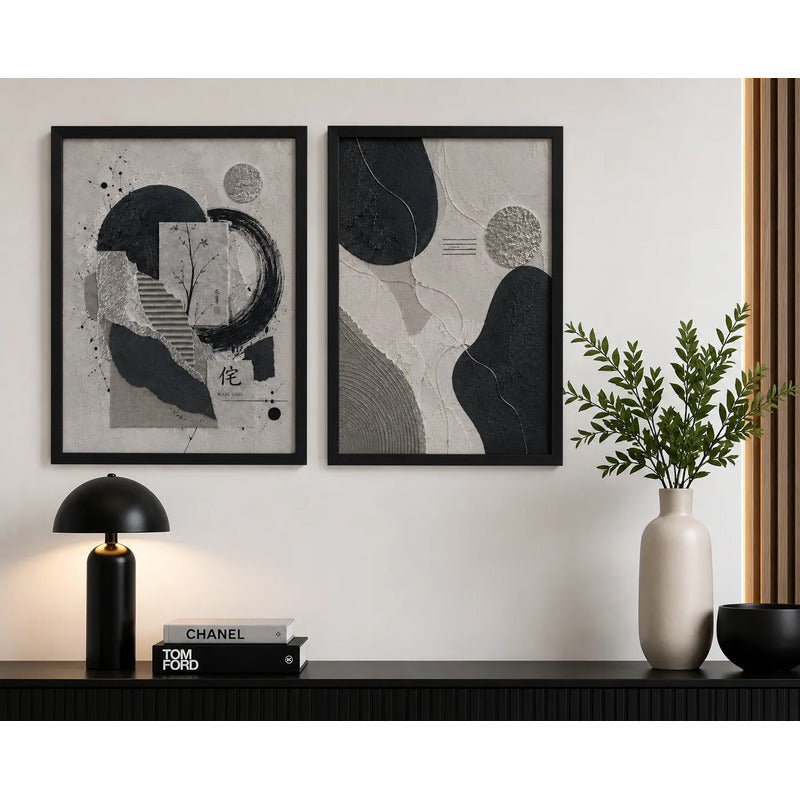Set 2 Cuadros Boho Abstracto Texturas Plata Decora Living Marco Negro
