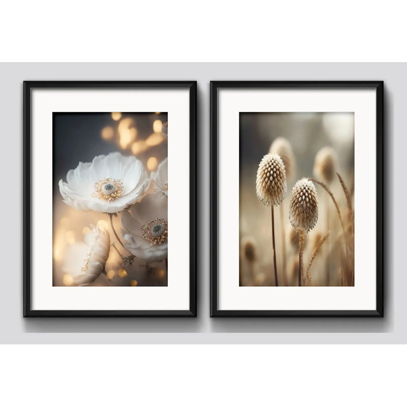 Set 2 Cuadros Flores Anemone Tonos Beige Nude Con Paspartú Marco Negro