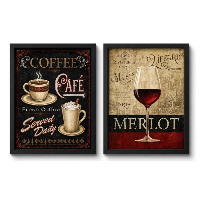 Set 2 Cuadros Café Y Vino Retro Decora Cocina Living Comedor Marco Negro