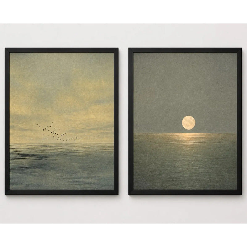 Set 2 Cuadros Living Dormitorio Paisaje Abstracto Sunset Marco Negro