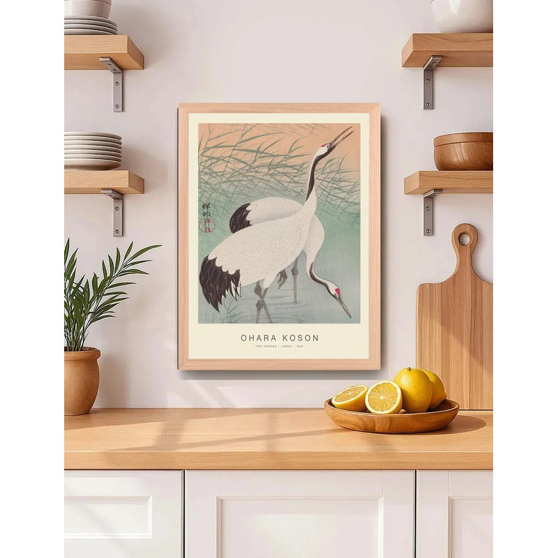 Cuadro Ohara Koson Dos Grullas Aves Arte Japones Marco Oak Marco Marrón Claro