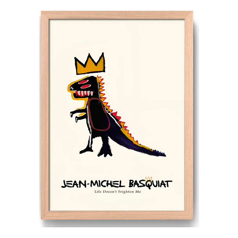 Cuadro Basquiat Dinosaurio Pez Dispenser Arte Urbano Oak Marco Marrón Claro