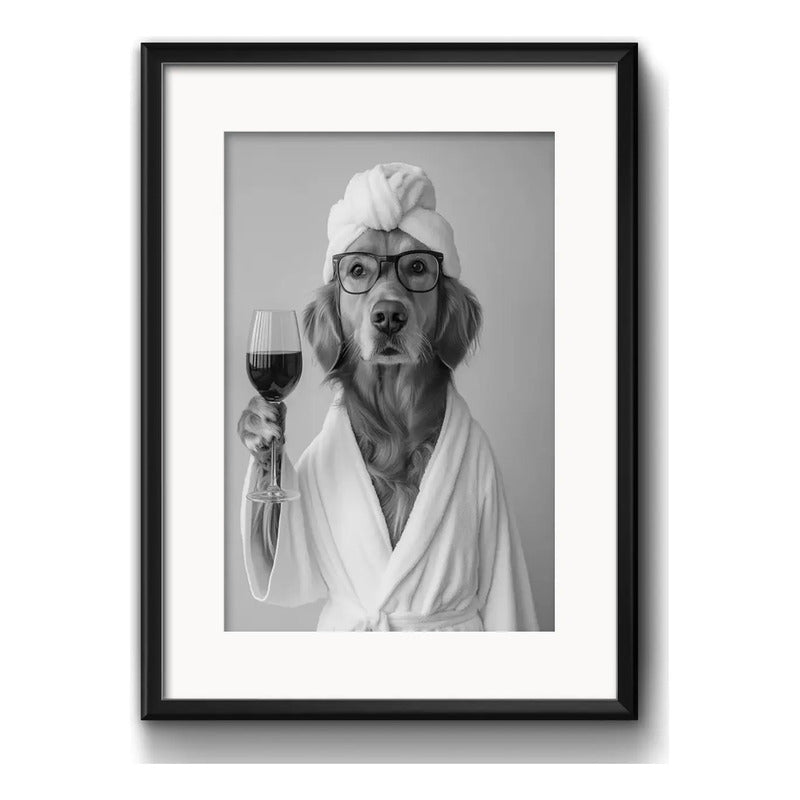 Cuadro Perro Con Bata De Bano Tomando Vino Arte Con Paspartú