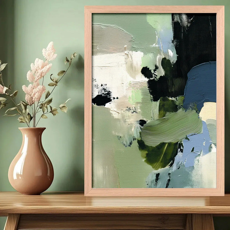 Cuadro Dormitorio Living Boho Abstracto Mossy Calm Verde Oak Marco Marrón Claro
