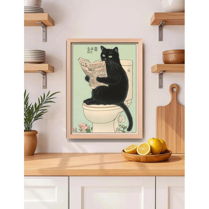 Cuadro Gato Negro Bano Arte Japonés Anime Flores Marco Oak Marco Marrón Claro