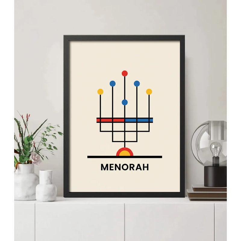 Cuadro Arte Judaico Menorah Candelabro Arte Estilo Bauhaus Marco Negro
