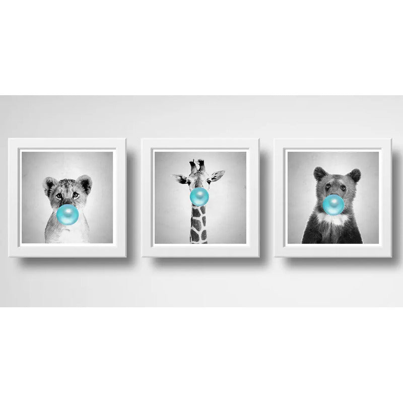 Set 3 Cuadros Leon Jirafa Oso Chicle Baby Animals Pop Art Marco Blanco