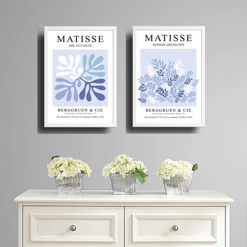 Set 2 Cuadros Dormitorio Living Matisse Tonos Azul Indigo Marco Blanco
