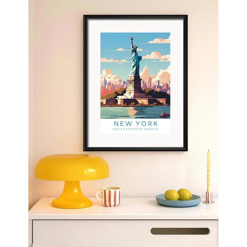 Cuadro New York Ciudad Estatua De La Libertad Con Paspartú Marco Negro