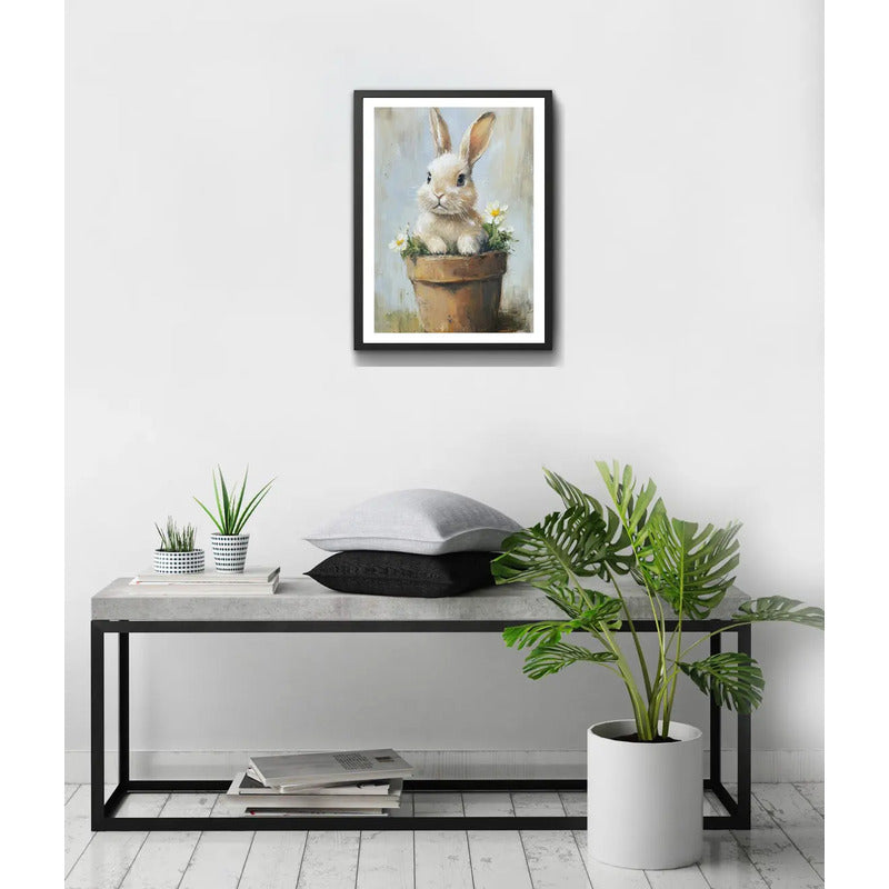 Cuadro Living Dormitorio Conejo Arte Maceta Flores Conejito Marco Negro