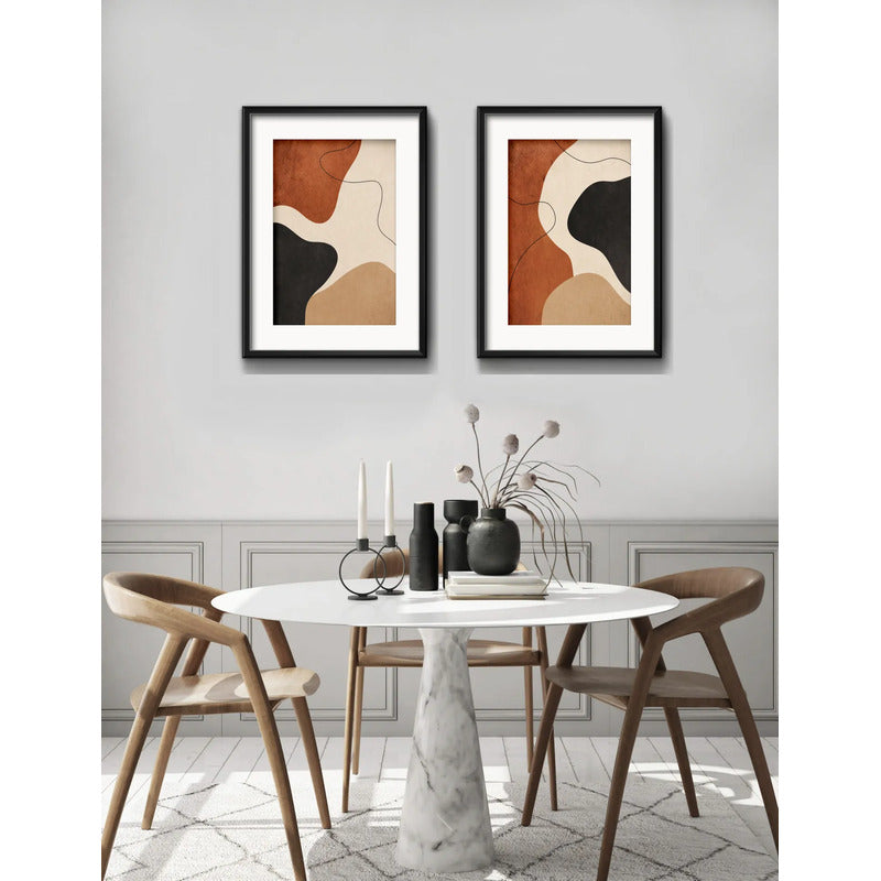 Set 2 Cuadros Boho Arte Abstracto Tonos Tierra Con Paspartu 53x43cm Cada Cuadro Negro