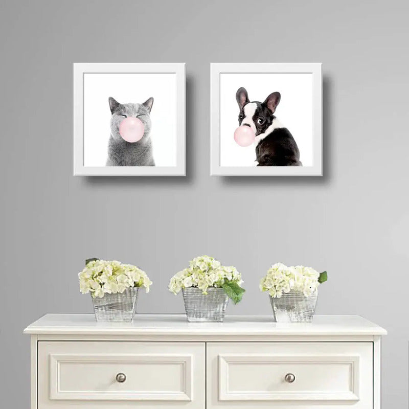 Set 2 Cuadros Perro Gato Chicle Mascota Pet Decoracion Hogar