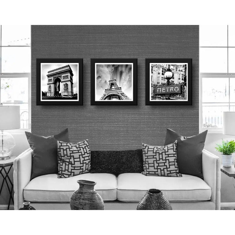 Set 3 Cuadros Paris Blanco Y Negro Torre Eiffel - 33x33cm 33x33cm Negro