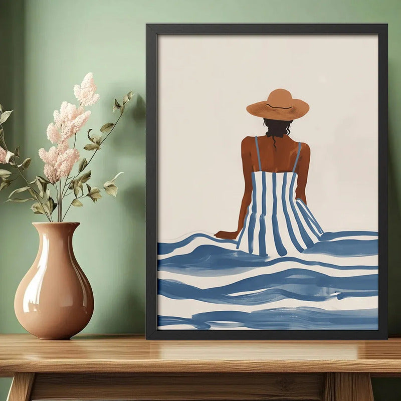Cuadro Dormitorio Living Mujer Elegante Mar Playa Azul Beige Marco Negro