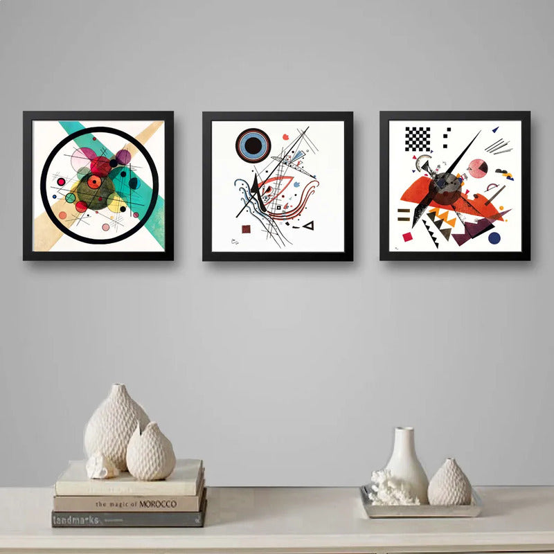 Set 3 Cuadros Kandinsky Arte Abstracto Bauhaus Geometrico Marco Negro