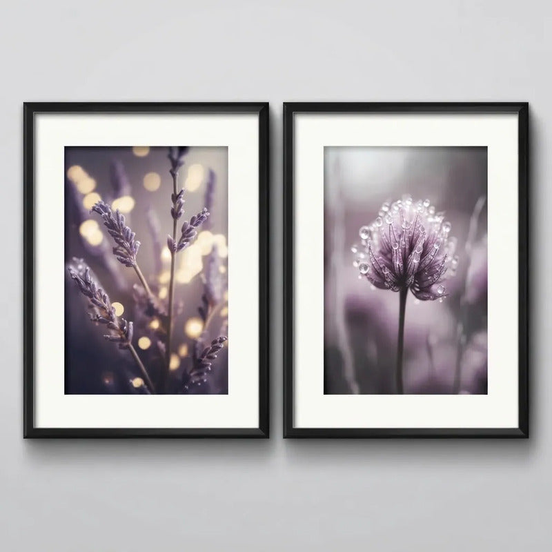 Set 2 Cuadros Flores Lavanda Cola Liebre Purple Con Paspartú Marco Negro