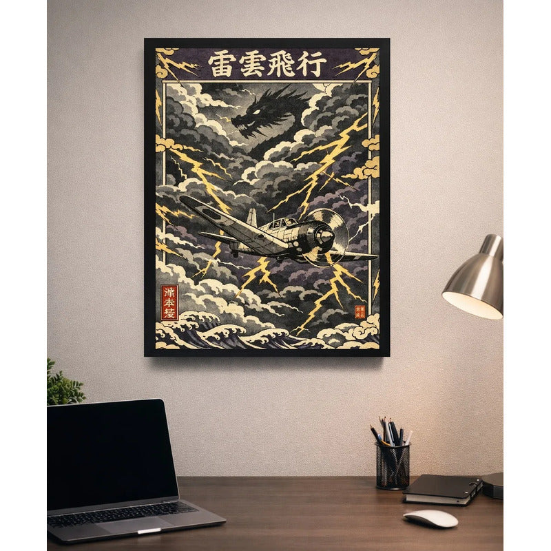 Cuadro Avion Japonés Guerra Vuelo Tormenta Dragon Oriental Marco Negro
