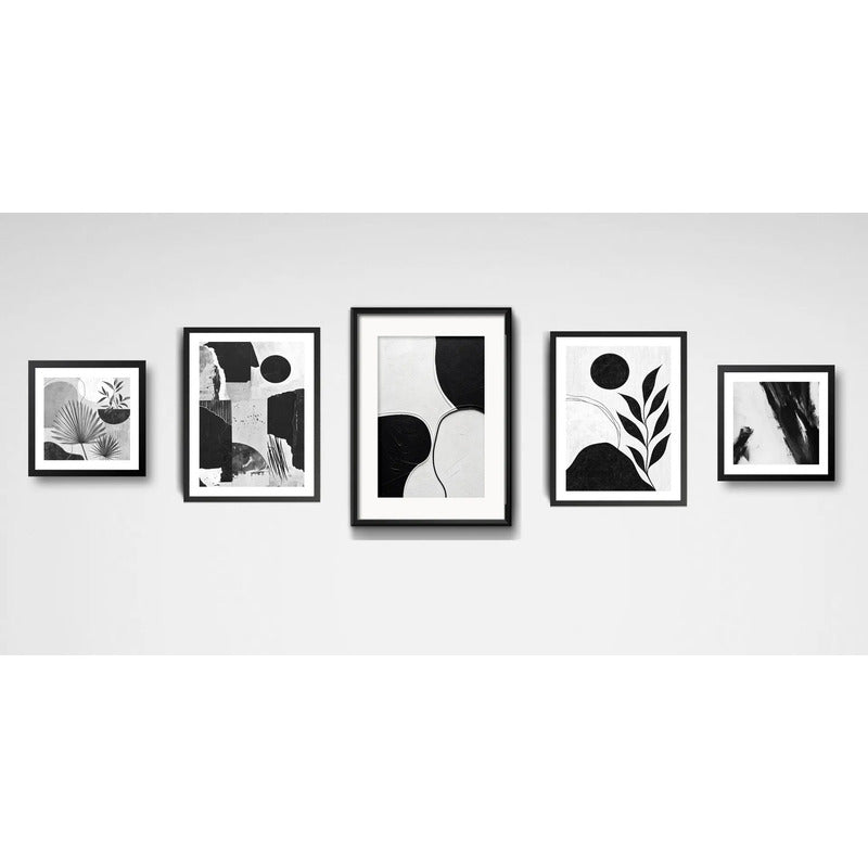 Set 5 Cuadros Living Escalera Pasillo Abstracto Blanco Negro Marco Negro