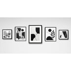 Set 5 Cuadros Living Escalera Pasillo Abstracto Blanco Negro Marco Negro