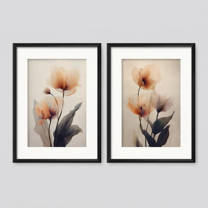 Set 2 Cuadros Flores Amapolas Tonos Pastel Con Paspartú Marco Negro
