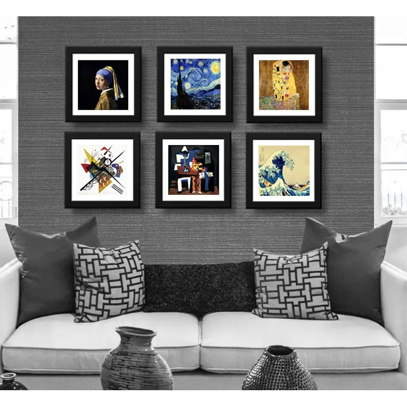 Set 6 Cuadros Obras Pintores Famosos Van Gogh Klimt 33x33cm Marco Negro