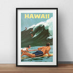 Cuadro Surf Hawaii Tabla Mar Playa Decoracion Con Paspartú Marco Negro