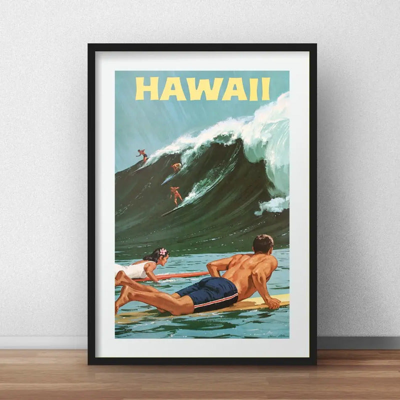 Cuadro Surf Hawaii Tabla Mar Playa Decoracion Con Paspartú Marco Negro