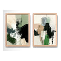 Set 2 Cuadros Dormitorio Living Abstracto Mossy Calm 2 Verde Marco Marrón Claro