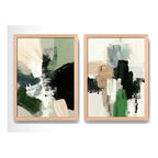 Set 2 Cuadros Dormitorio Living Abstracto Mossy Calm 2 Verde Marco Marrón Claro