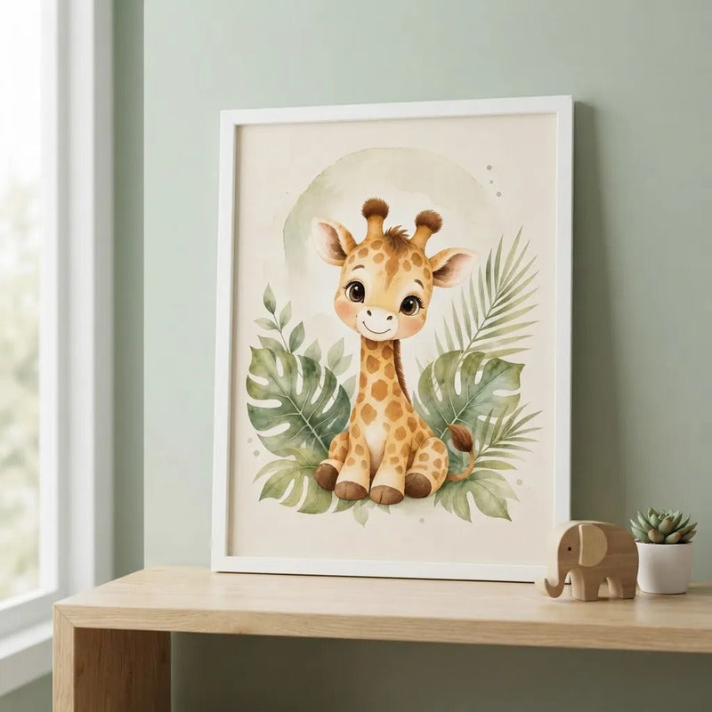 Cuadro Jirafa Decoracion Dormitorio Infantil Tonos Suaves Marco Blanco