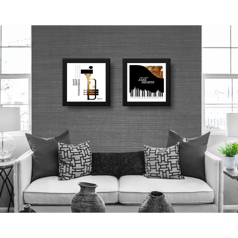 Set 2 Cuadros Jazz Nights New York Gold Piano Musica 33x33cm Marco Negro