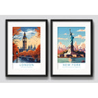 Set 2 Cuadros Londres New York Colores 53x43cm Con Paspartú Marco Negro