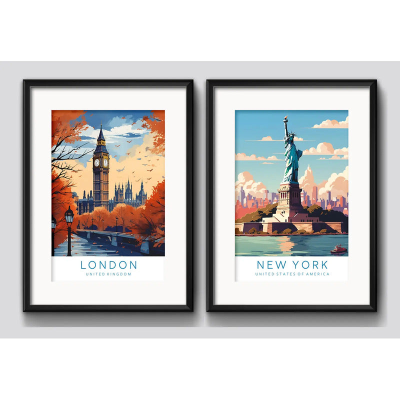 Set 2 Cuadros Londres New York Colores 53x43cm Con Paspartú Marco Negro