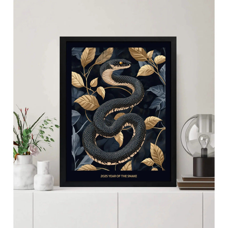 Cuadro Serpiente Dorada Hojas Botanico Año De La Serpiente 1 Serpiente Dorada Botanico Marco Negro