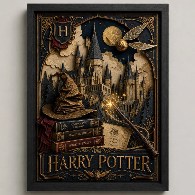 Cuadro Harry Potter Hogwarts Pelicula Cine Arte Efecto 3d Marco Negro