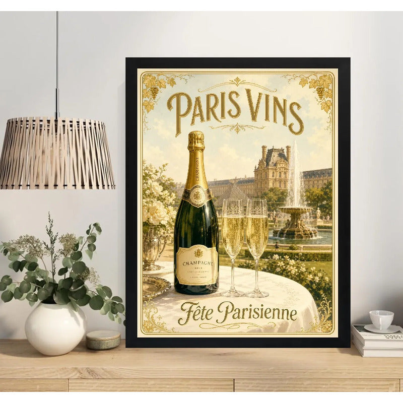Cuadro Champagne Paris Retro Champán Decora Cocina Living Marco Negro