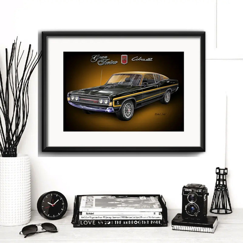 Cuadro Autos Antiguos Modelos Marcas Retro Arte Con Paspartu Ford Gran Torino Cobra Jet Con Marco Negro