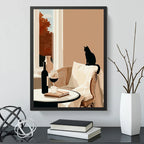 Cuadro Living Cocina Gato Vino Arte Cozy Cat Tonos Neutros Marco Negro