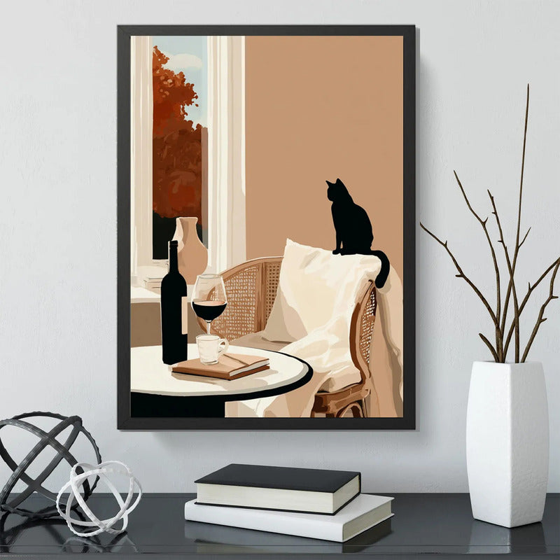 Cuadro Living Cocina Gato Vino Arte Cozy Cat Tonos Neutros Marco Negro